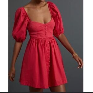 Anthropologie Red Ruched Puff Sleeve Sundress